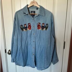 Vintage 90s Quizz Embroidered Cat Button Up W18 Blue